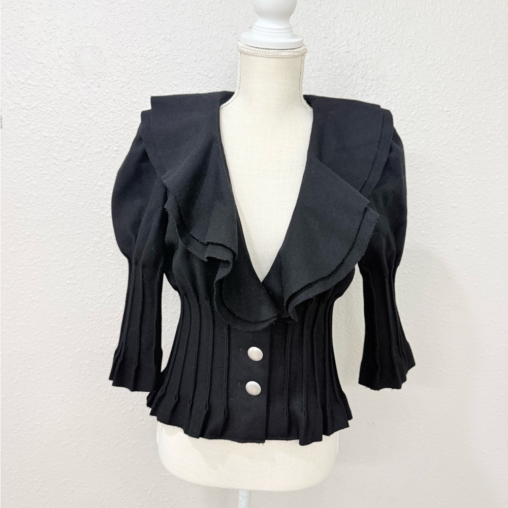 Vintage Arden B Black Wool Corset Jacket Victorian Romantic Pleated Ruffle Top - Picture 2 of 9